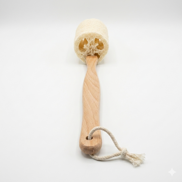 Wooden back scrubber with a natural loofah on a white background