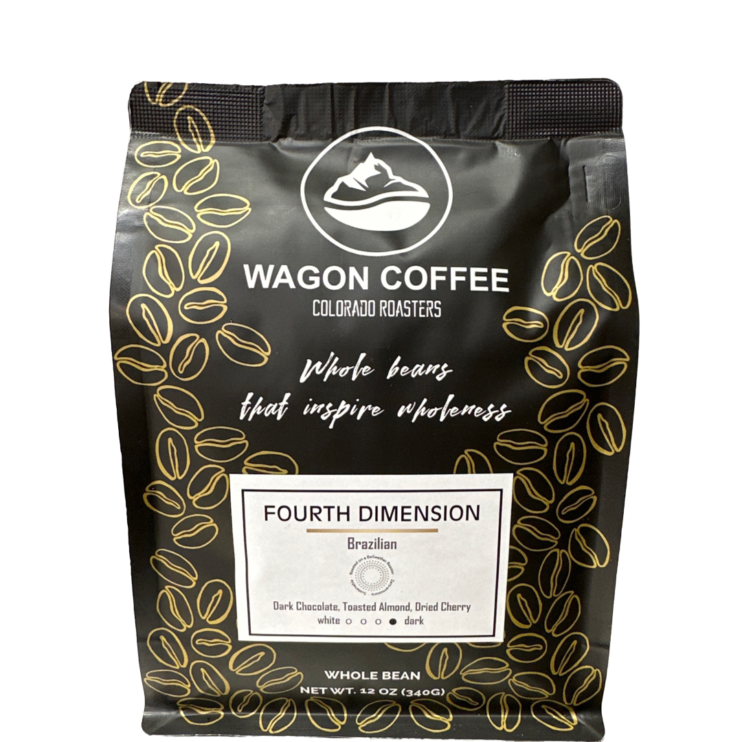 Wagon Coffee Fourth Dimension organic Brazilian dark roast Christmas coffee bag with tasting notes of dark chocolate, toasted almond, and dried cherry