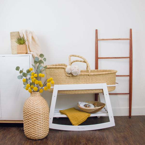 White pine wood Moses basket stand with brake feature, compatible with Plum+Sparrow Moses baskets