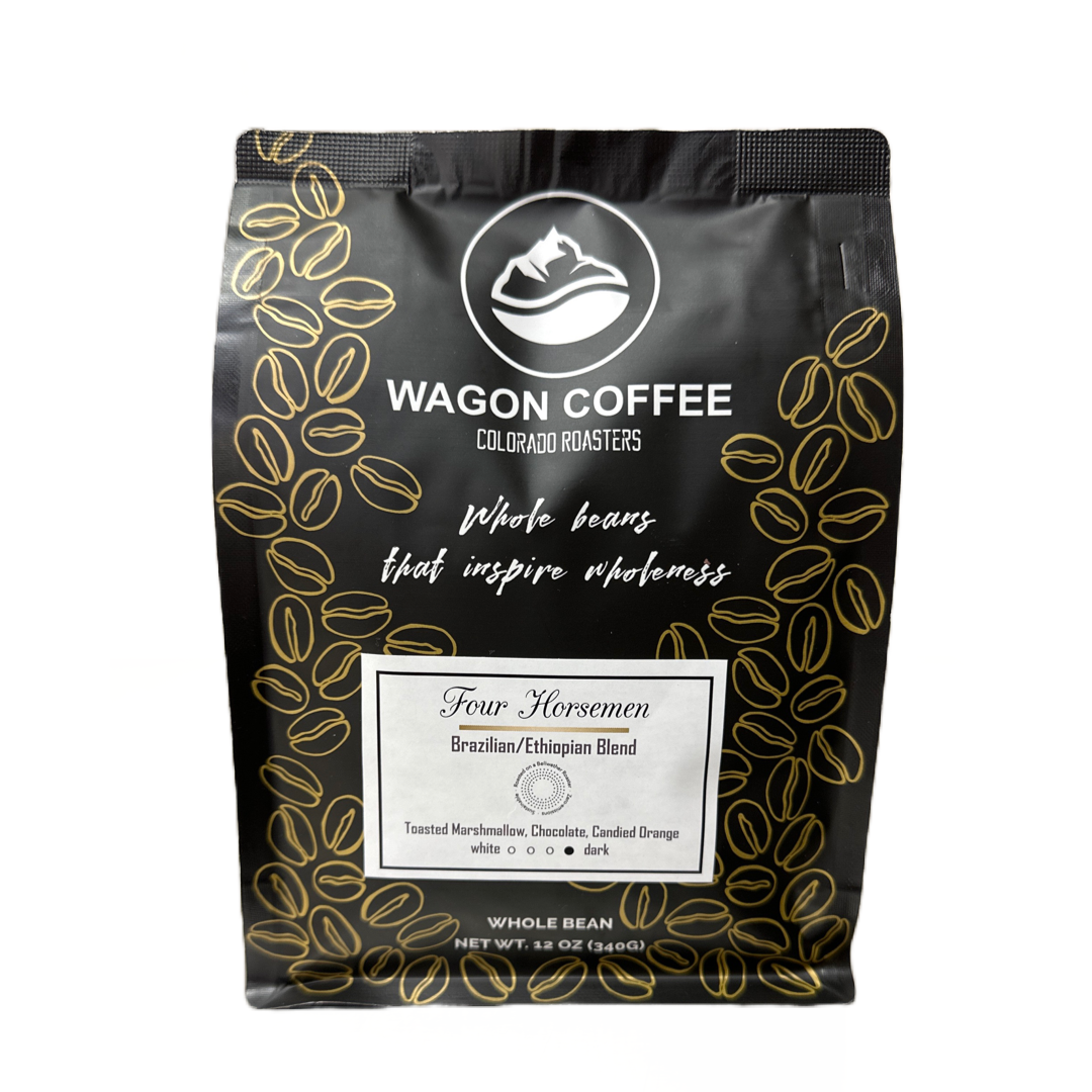 Four Horsemen dark roast coffee bag by Wagon Coffee – organic Ethiopian and Brazilian blend with tasting notes of chocolate, candied orange, toasted marshmallow, and praline