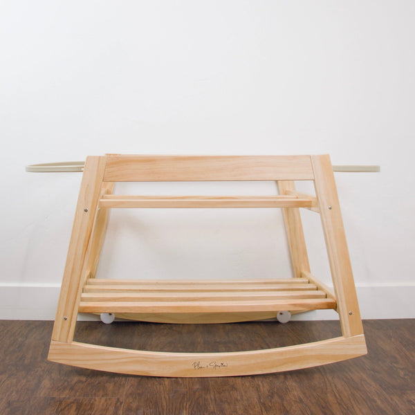 Plum+Sparrow classic natural pine wood rocking Moses bassinet stand with brake, shown without basket