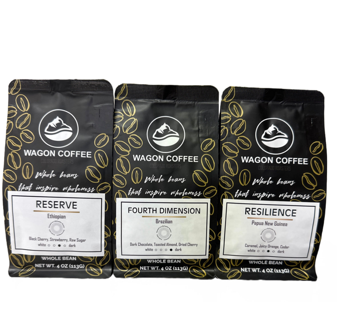 Wagon Coffee World Tour Sampler — three 4oz single-origin coffee bags from Brazil, Ethiopia, and Papua New Guinea on a white background