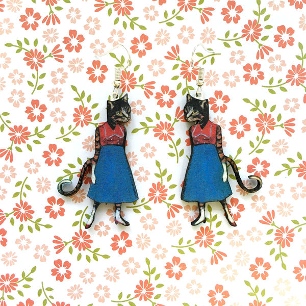Retro Cat Lady Earrings: Eco-friendly, recycled wood, handmade in USA. Show your love for cats! Shop now!
