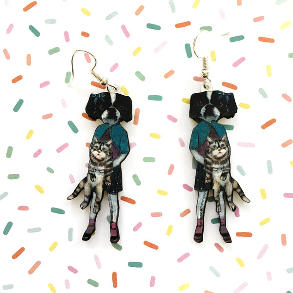 Unique dog & kitty earrings! Laser cut wood, surgical steel hooks, handmade in USA. Perfect for animal lovers. Shop now! 