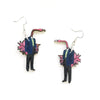 Eco-friendly Flamingo Man Earrings: Recycled wood, handmade in USA. Whimsical collage art by Gianna Pergamo. Shop now!