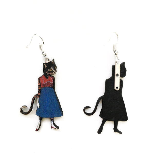 Retro Cat Lady Earrings: Eco-friendly, recycled wood, handmade in USA. Show your love for cats! Shop now!