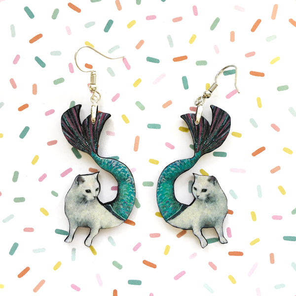 Mermaid Cat Earrings: Eco-friendly, recycled wood, handmade in USA. Whimsical cat jewelry. Shop now! 