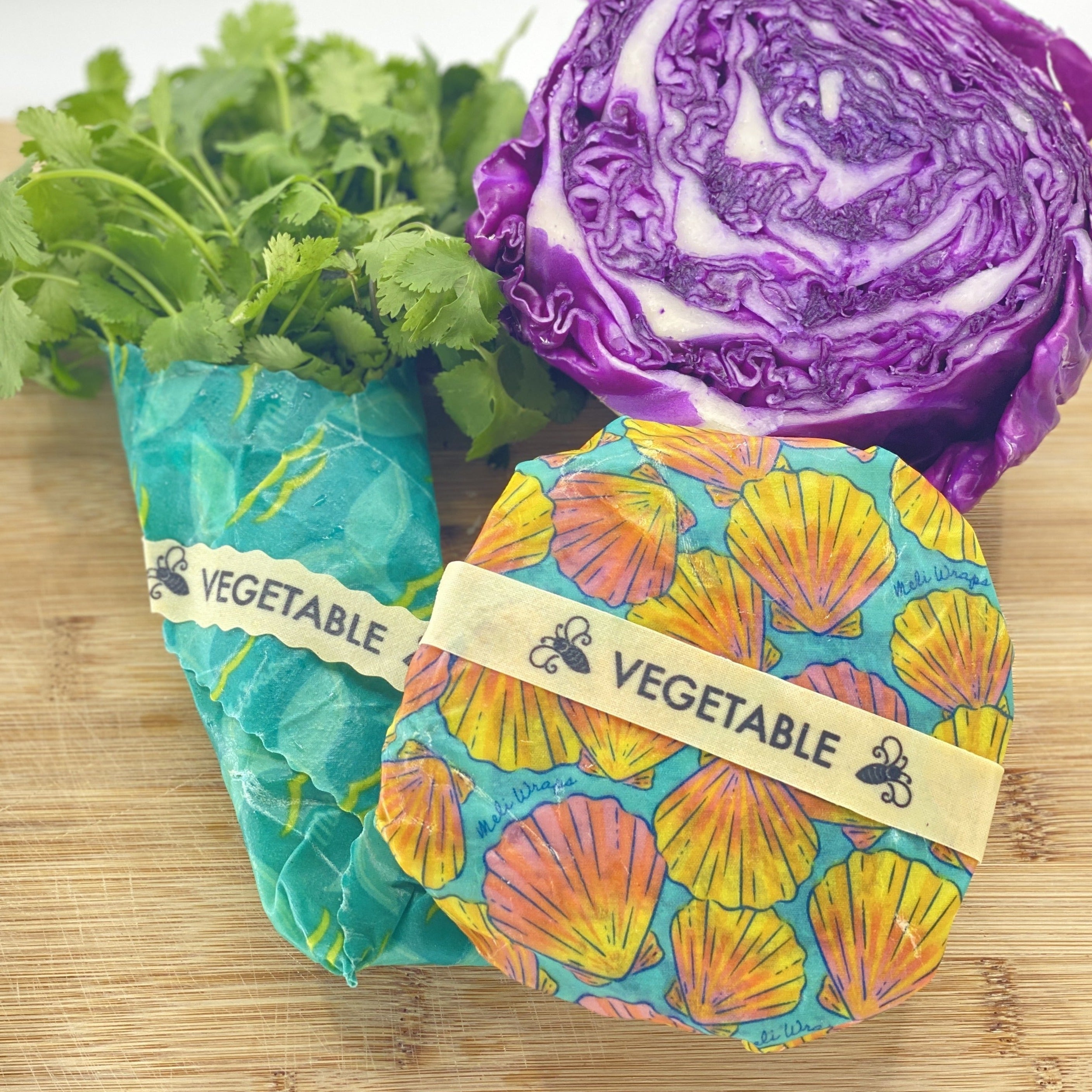 Close-up of a single Buzz Words label attached to a Meli Wraps beeswax food wrap