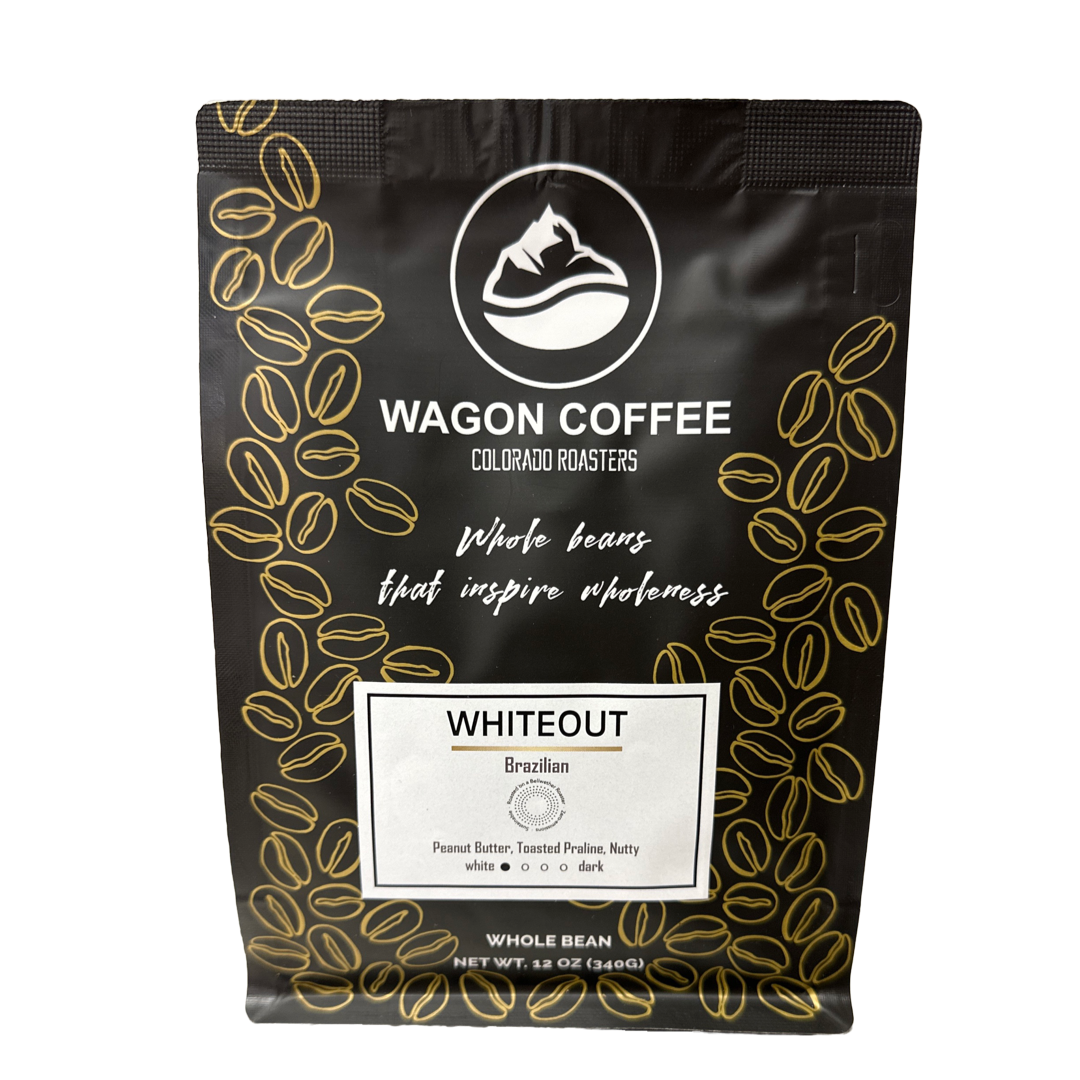 Whiteout organic Brazilian white roast coffee bag by Wagon Coffee – high caffeine, nutty tasting notes, transparency certified