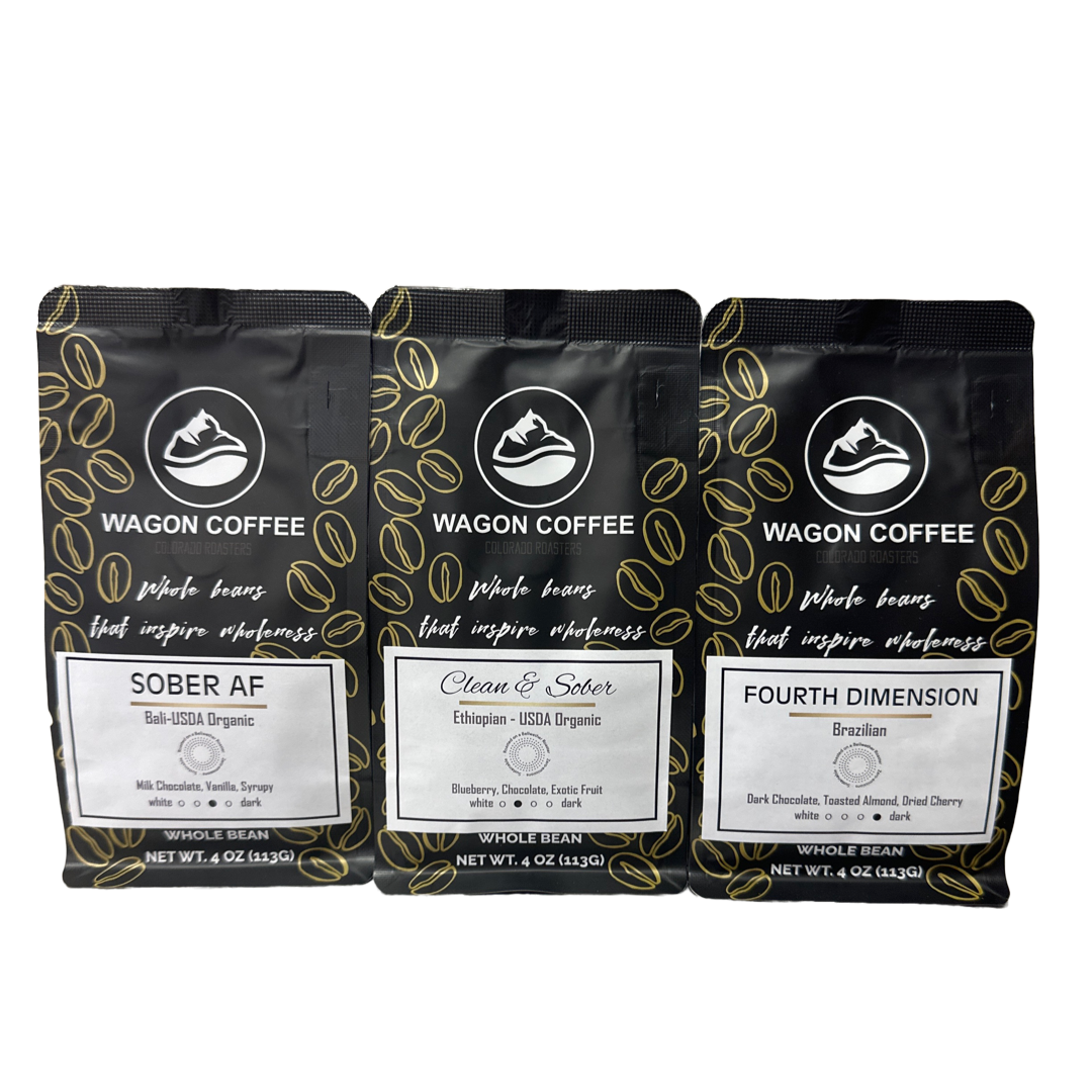 Wagon Coffee Sobriety Anniversary Gift Box with light, medium, and dark roast coffees from Ethiopia, Bali, and Brazil with recovery-centered labels