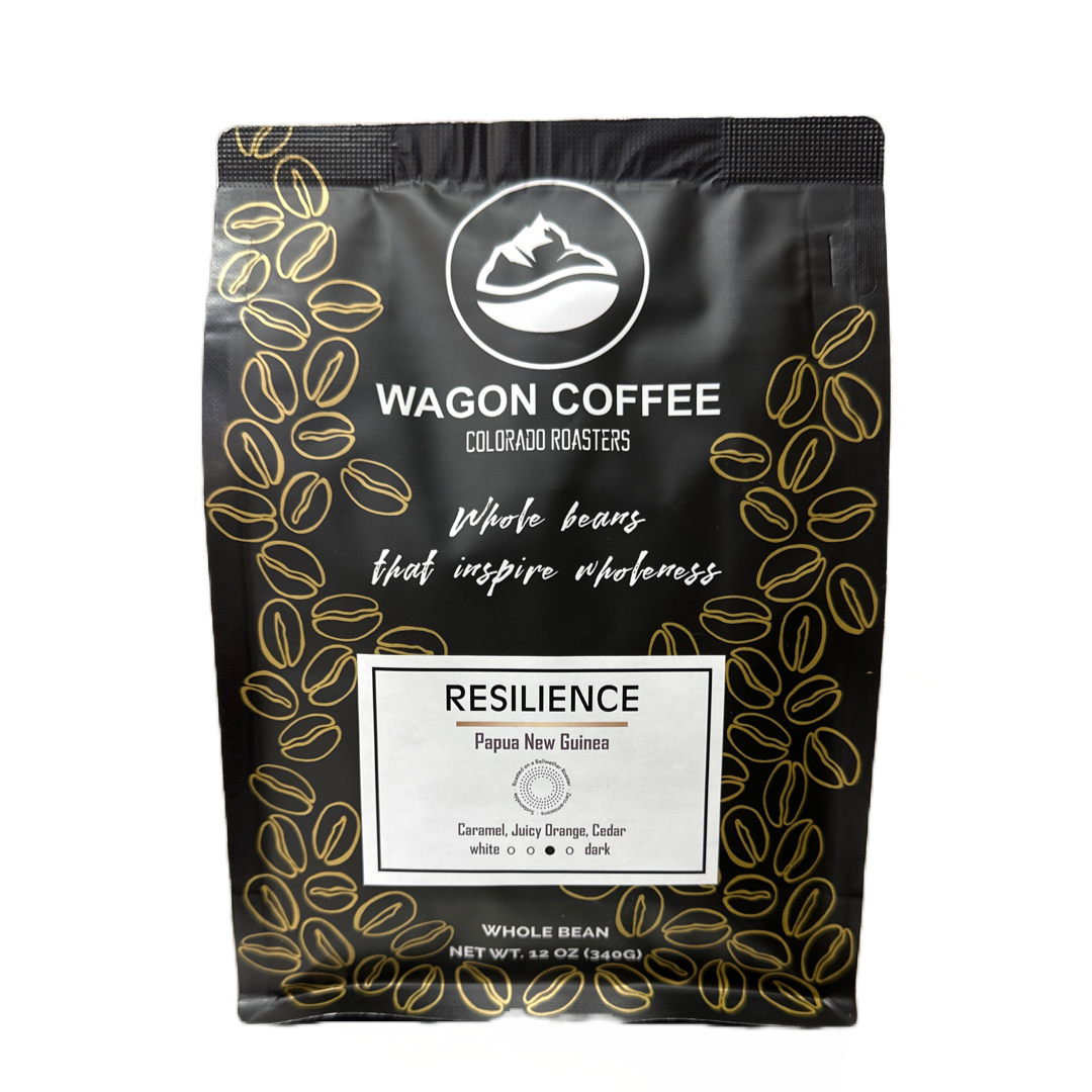 Resilience organic medium roast coffee by Wagon Coffee, sourced from Papua New Guinea with caramel, orange, and cedar tasting notes