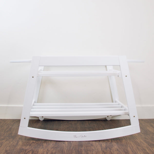 Plum+Sparrow Classic Rocking Moses Bassinet Stand in white painted pine wood, shown without basket