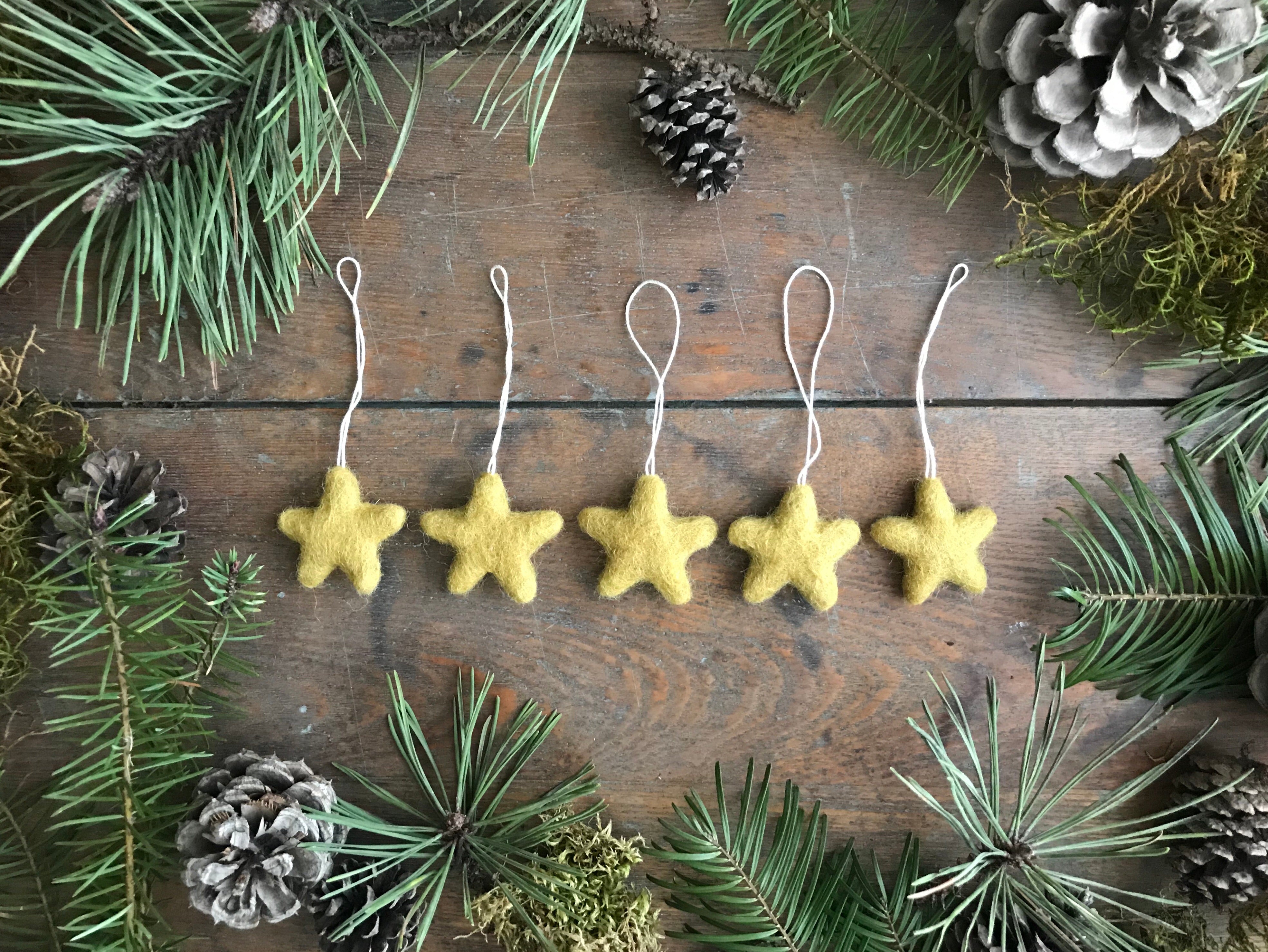 House of Moss needle-felted wool star ornaments, set of 5, in gold clay yellow