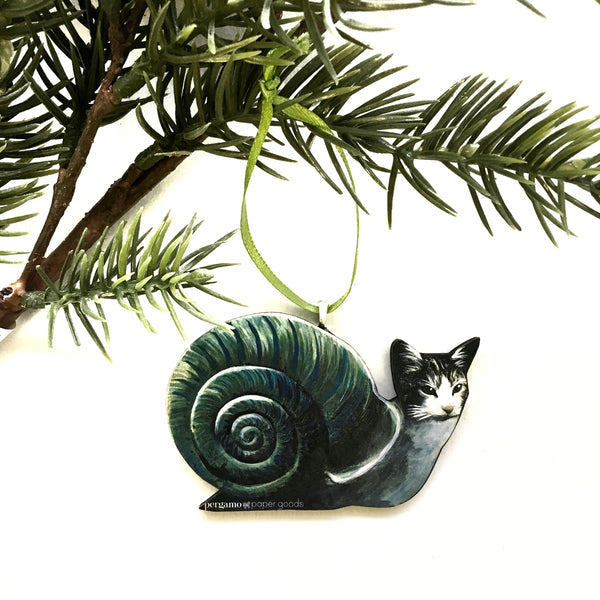 Snail Cat Ornament - Eco-friendly, Handmade Holiday Decoration. Laser-cut wood, vivid design, perfect for cat lovers! Shop now! 