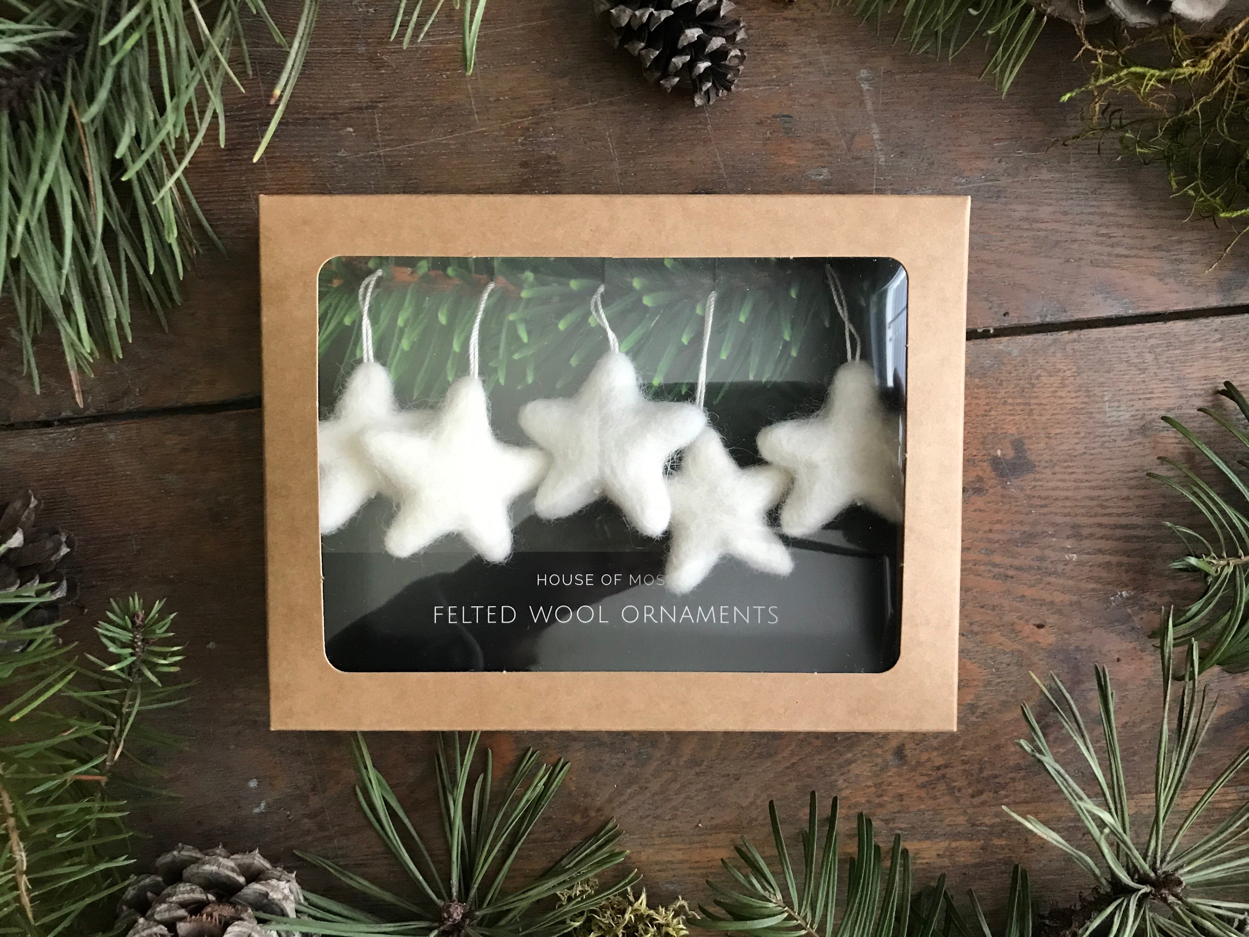 Wool Star Ornaments, Set of 5, Needle-Felted in Snowberry White
