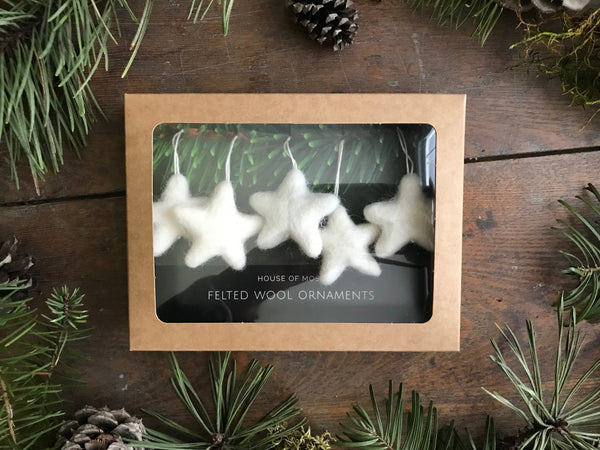 Wool Star Ornaments, Set of 5, Needle-Felted in Snowberry White