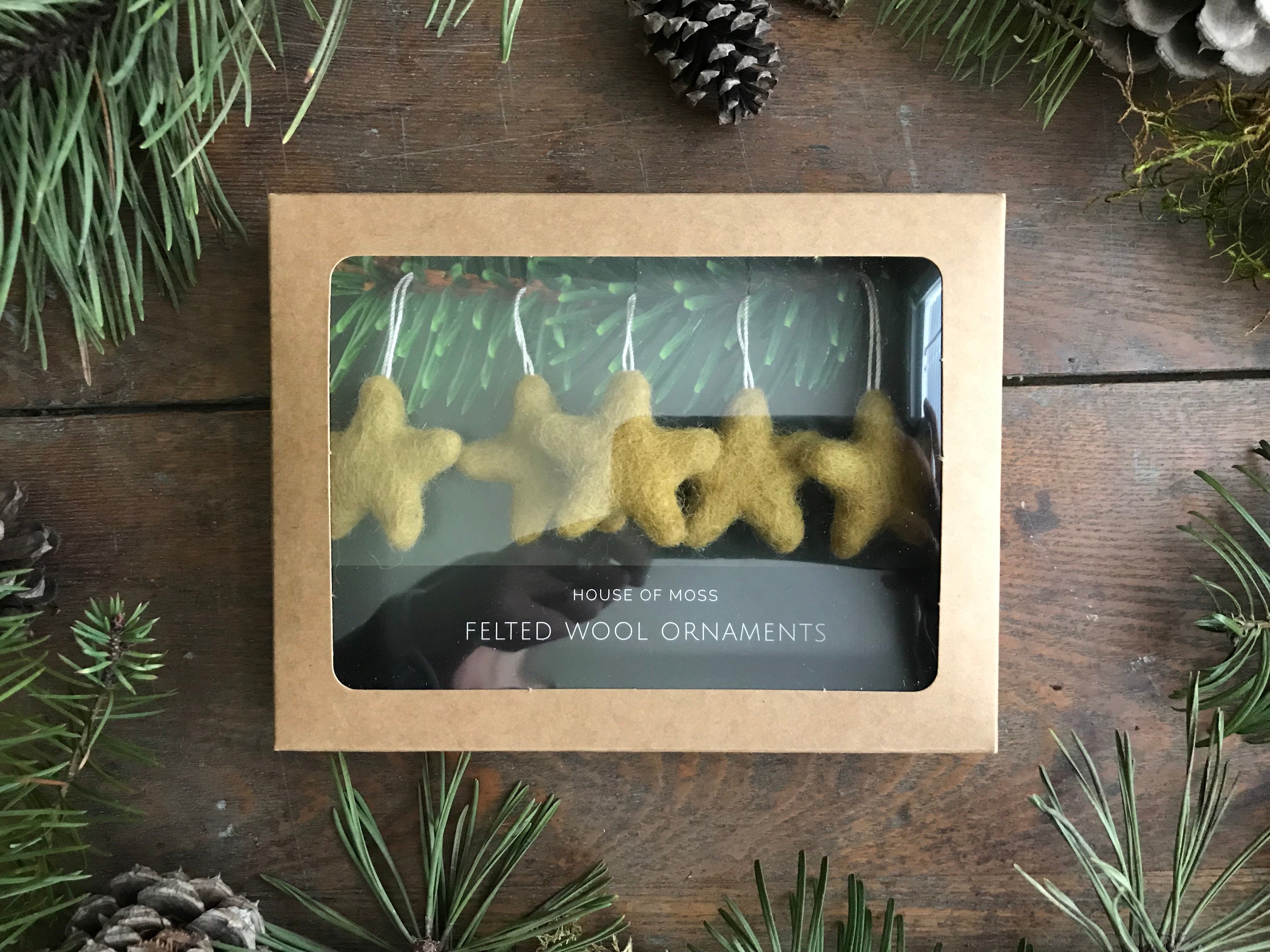Wool Star Ornaments, Set of 5, Needle-Felted in Gold Clay Yellow