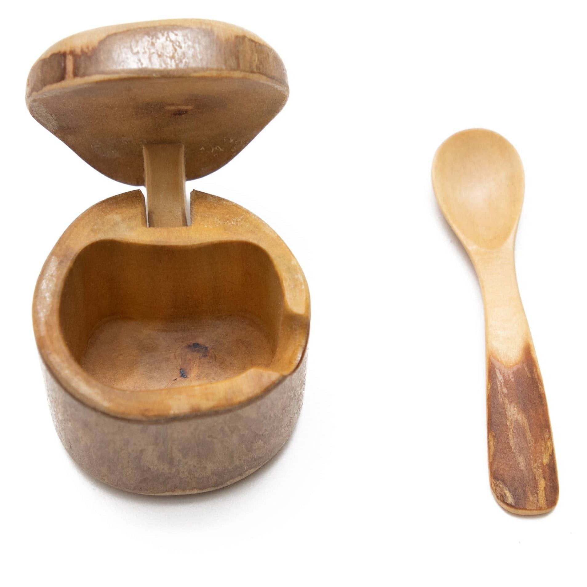 Mini Coffeewood Salt Box & Spoon: Sustainable spice storage, fair trade charm. Reclaimed wood, handmade, adorable! Shop now & add eco-magic to your kitchen! ✨