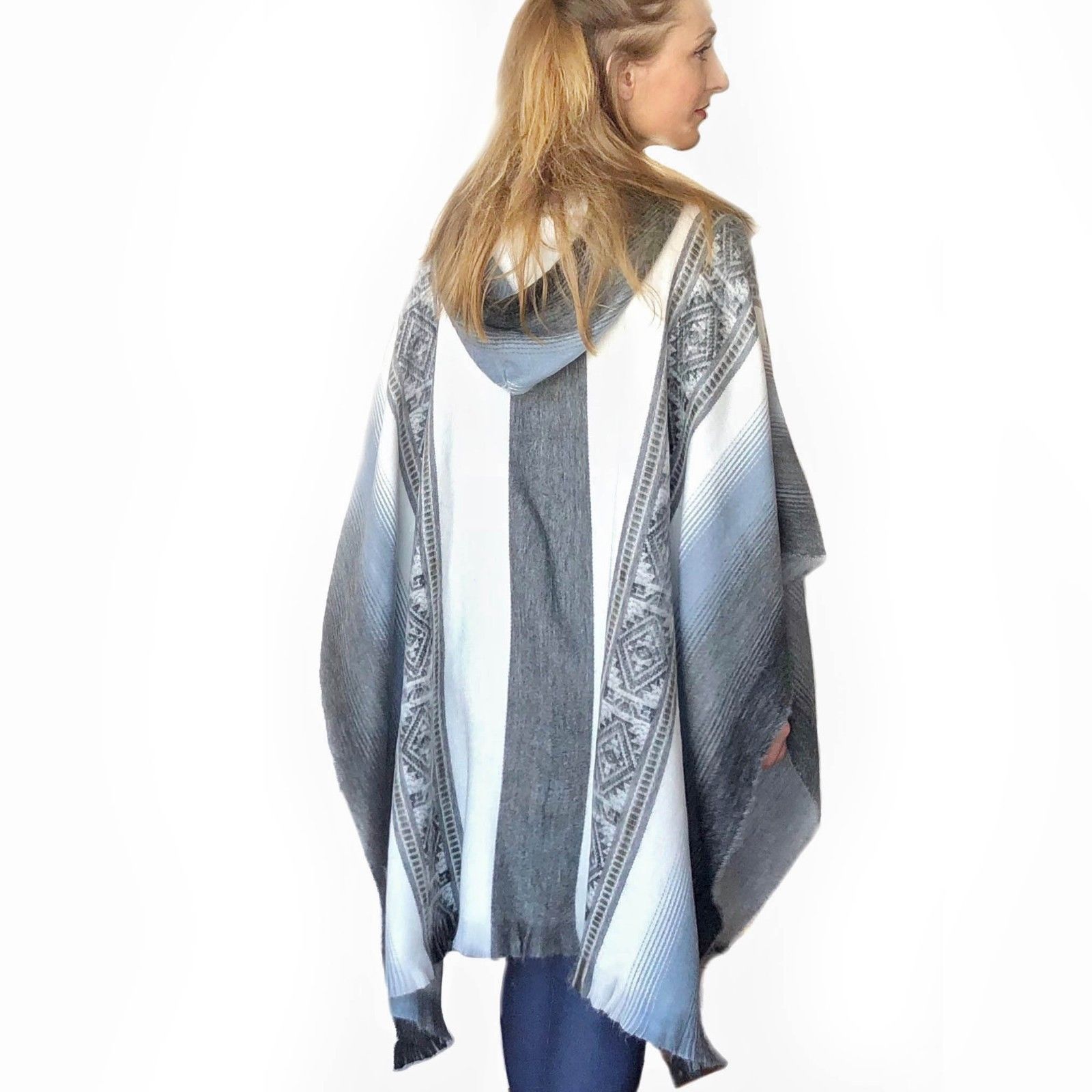 Close-up of Incan Grays Alpaca Poncho showing detailed Andean pattern in soft gray with blue accents
