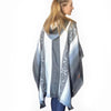 Close-up of Incan Grays Alpaca Poncho showing detailed Andean pattern in soft gray with blue accents