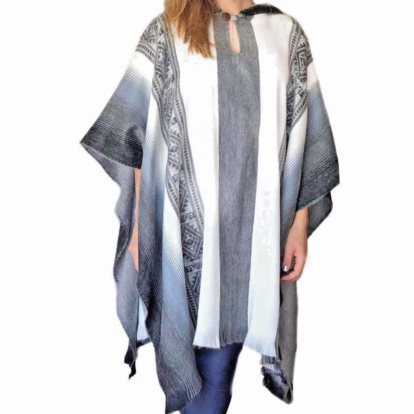 Incan Grays Alpaca Poncho with traditional geometric pattern in gray and blue tones, handcrafted in Ecuador