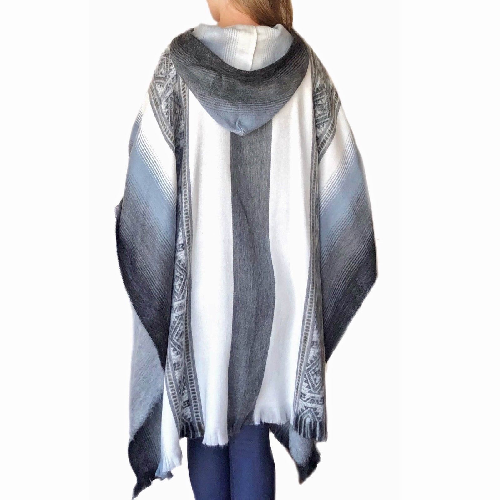 Model wearing the Incan Grays Alpaca Poncho, styled casually over everyday clothing