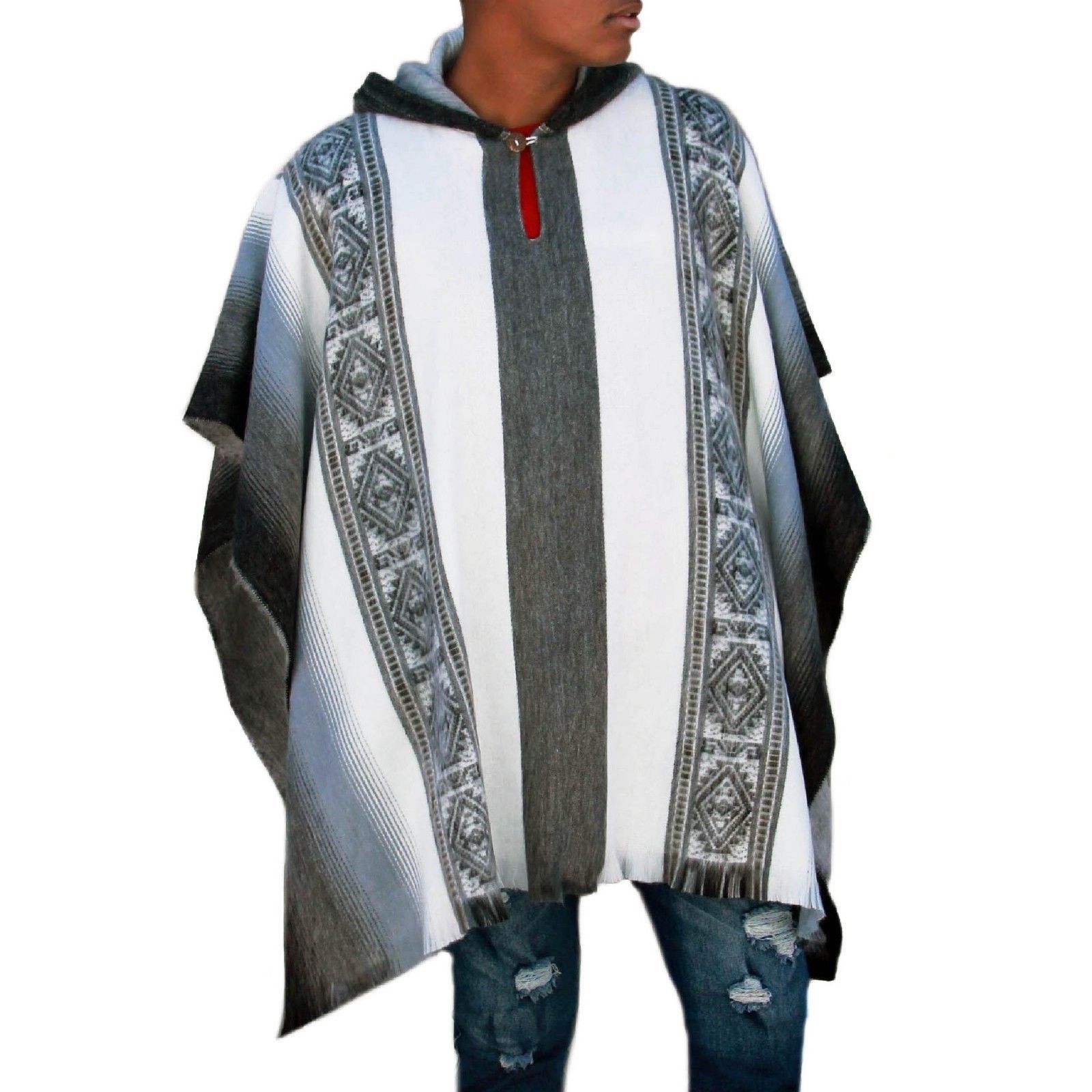 Side view of Incan Grays Alpaca Poncho draping naturally, showcasing its relaxed silhouette and alpaca blend fabric