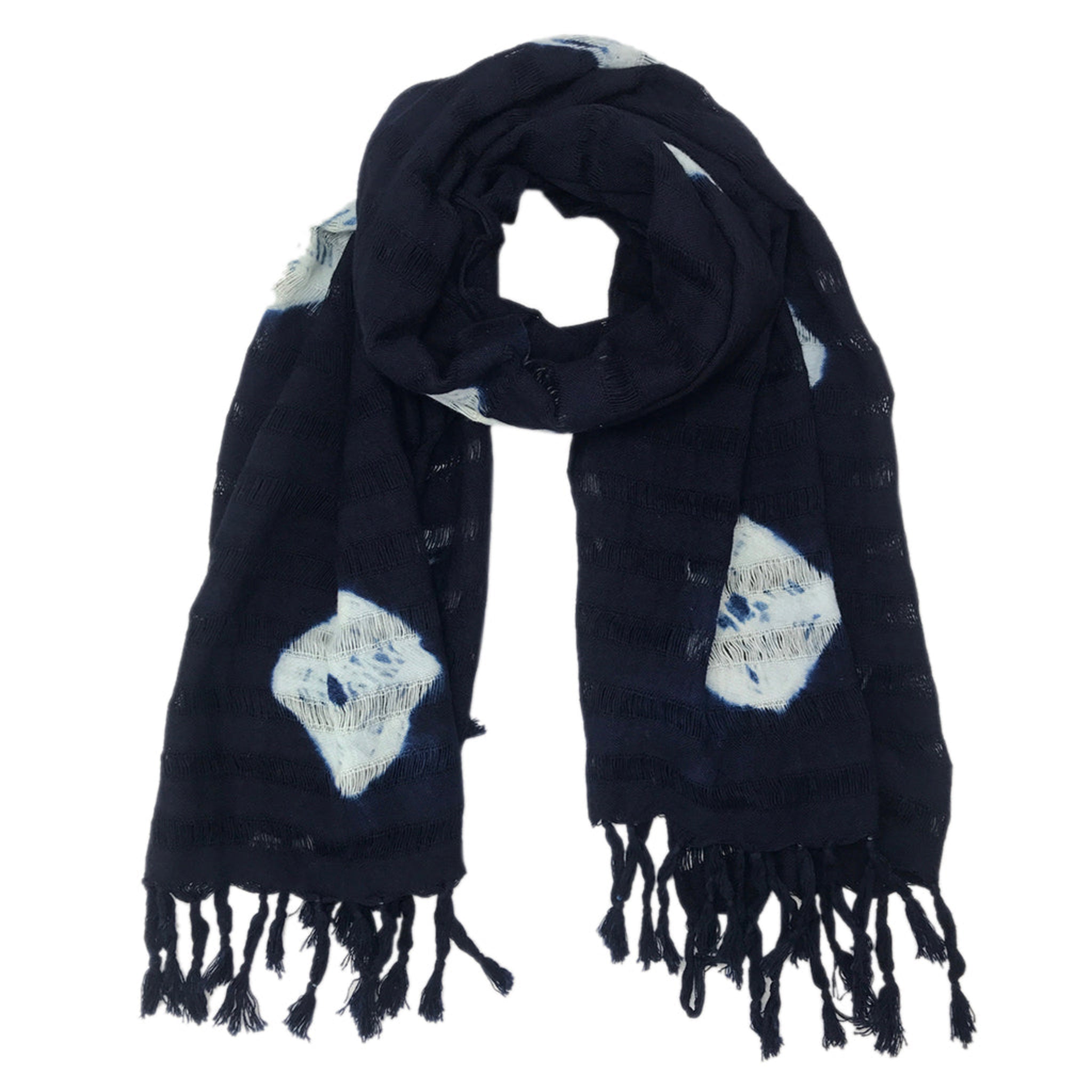 Black scarf with white diamond patterns and fringes on a white background