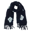Black scarf with white diamond patterns and fringes on a white background
