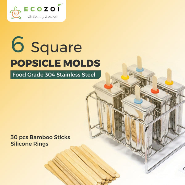 Stainless Steel Popsicle Molds Set of 6 with Reusable Bamboo Sticks – Plastic-Free