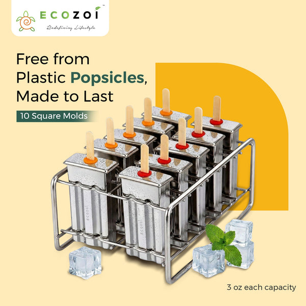 Stainless Steel Popsicle Molds – 10-Square Set with 50 Reusable Bamboo Sticks