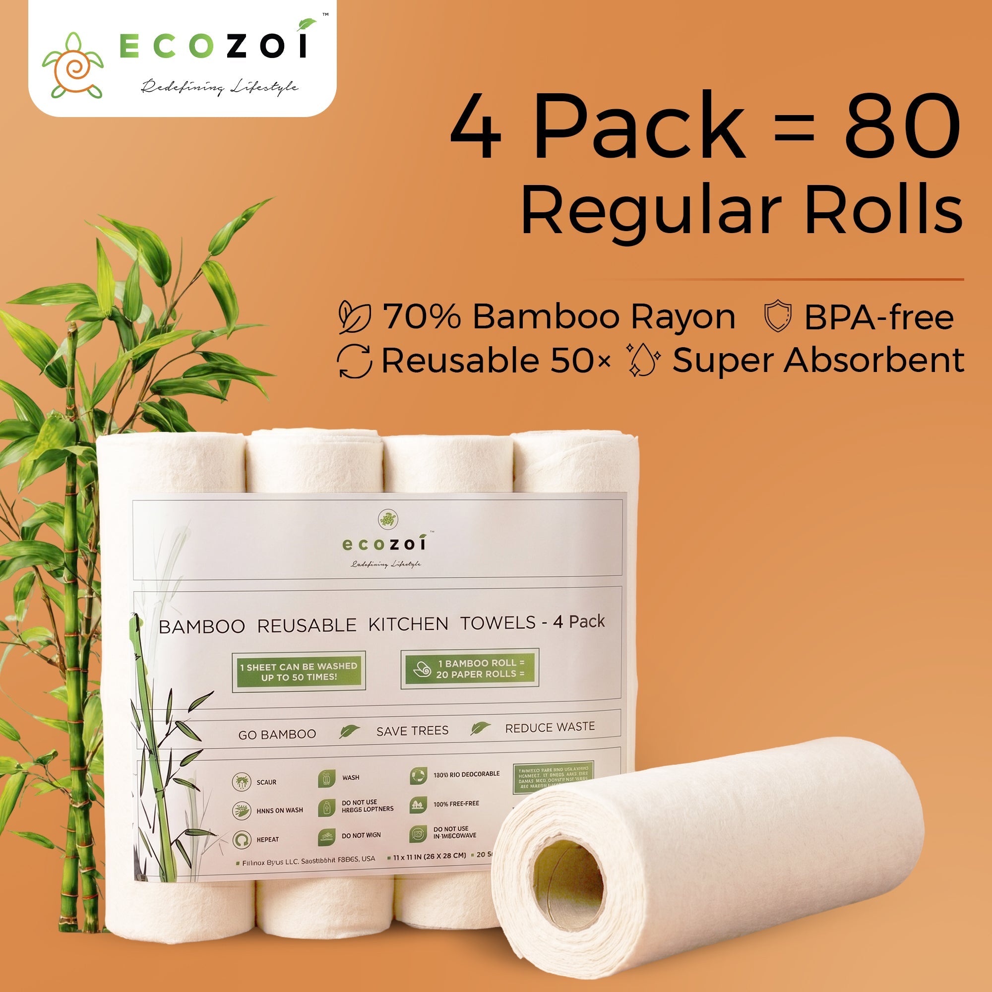 Reusable Bamboo Paper Towels | Tree-Free, Washable Rolls 4-Pack