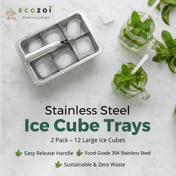 Ecozoi Stainless Steel Ice Cube Trays – BPA Free, Easy Release, 2 Pack (12 Large Cubes)