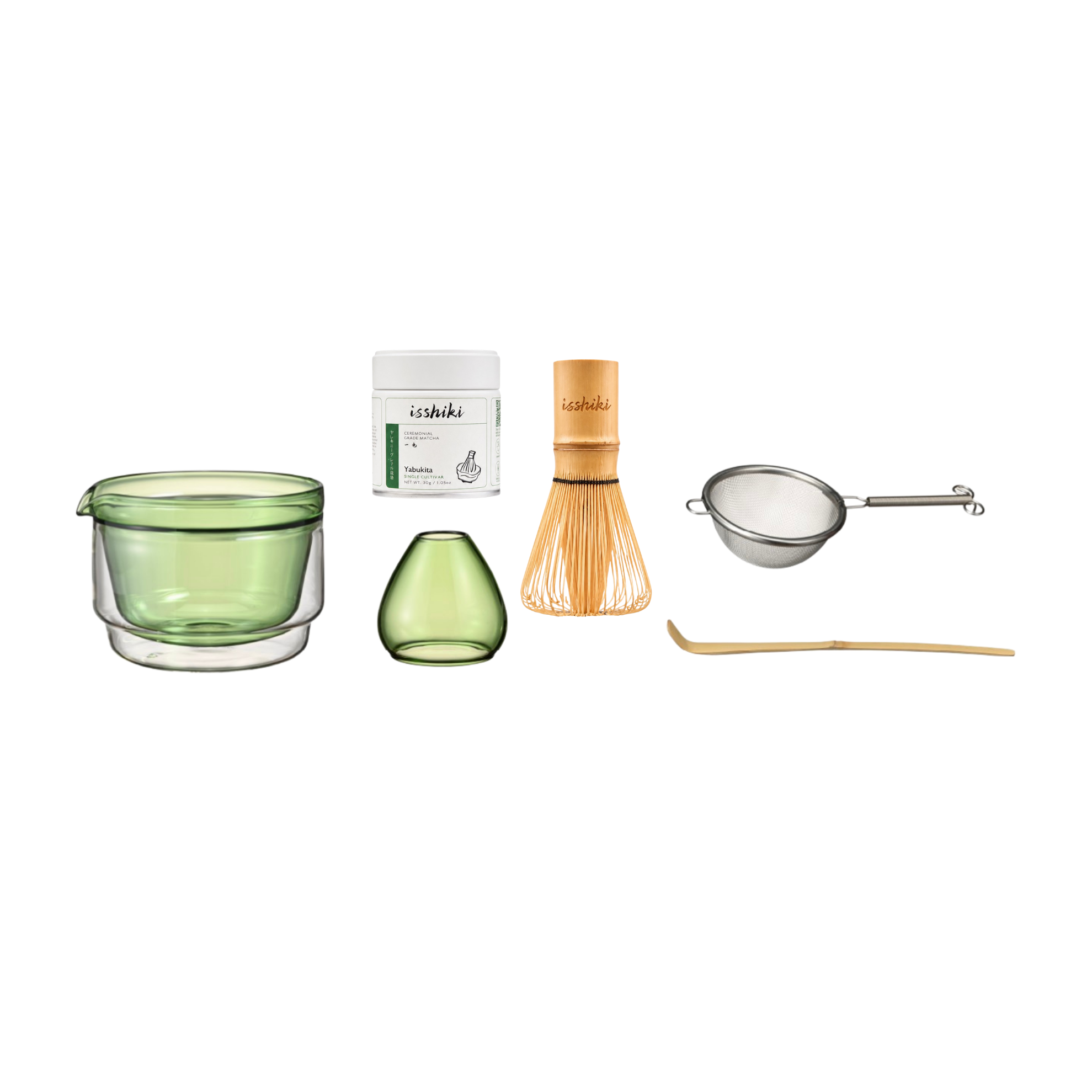 Isshiki x Hario Yabukita Tin Matcha Set with double-walled glass matcha bowl and tools