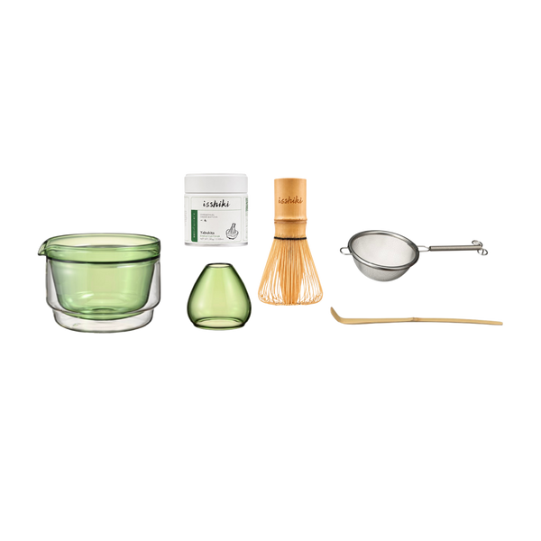 Isshiki x Hario Yabukita Tin Matcha Set with double-walled glass matcha bowl and tools