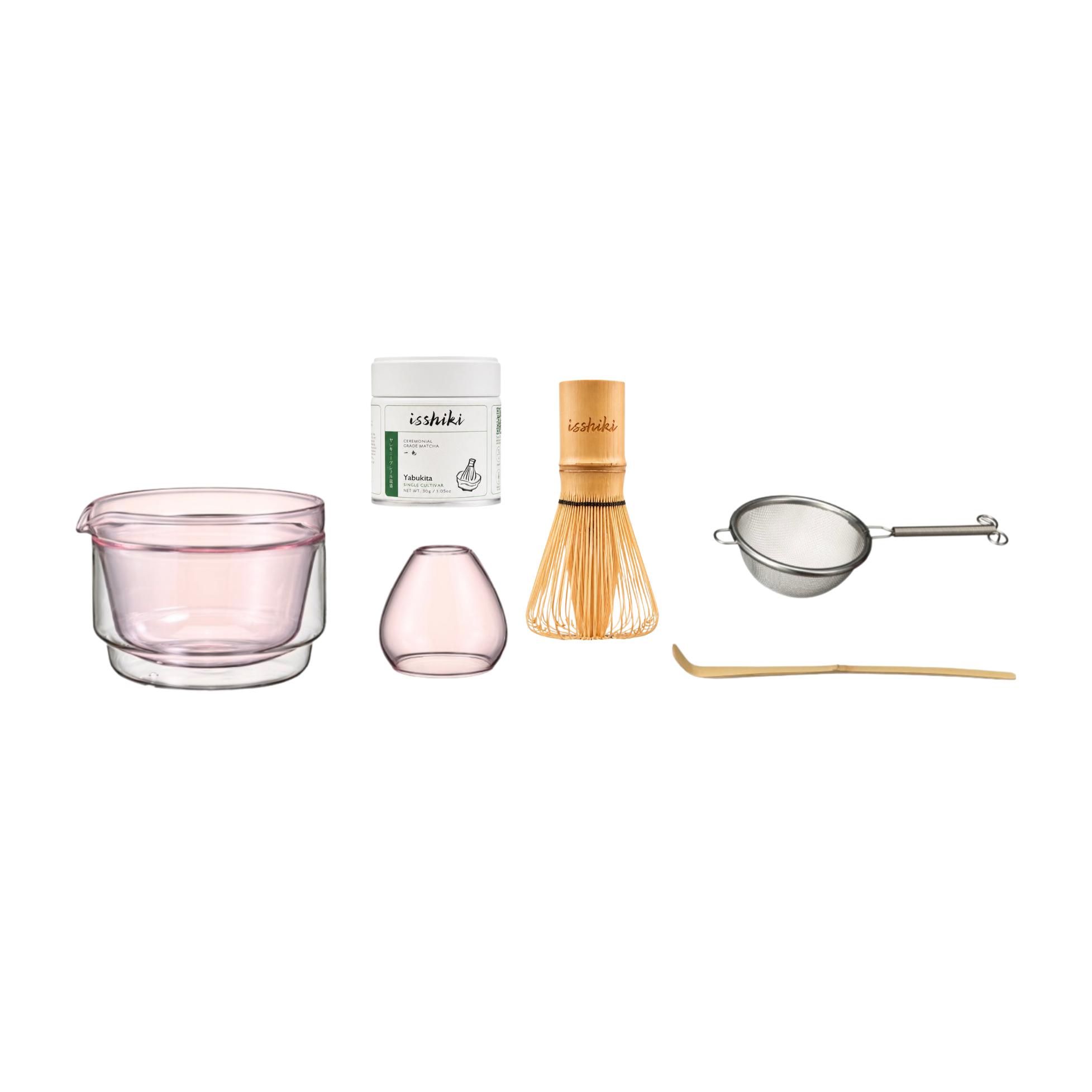 Isshiki x Hario matcha bowl set shown with the Yabukita matcha tin