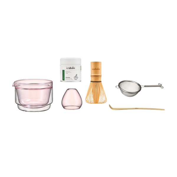 Isshiki x Hario matcha bowl set shown with the Yabukita matcha tin