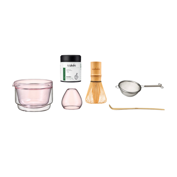 Isshiki x Hario Samidori Tin Matcha Set with matcha tin, glass bowl and bamboo tools