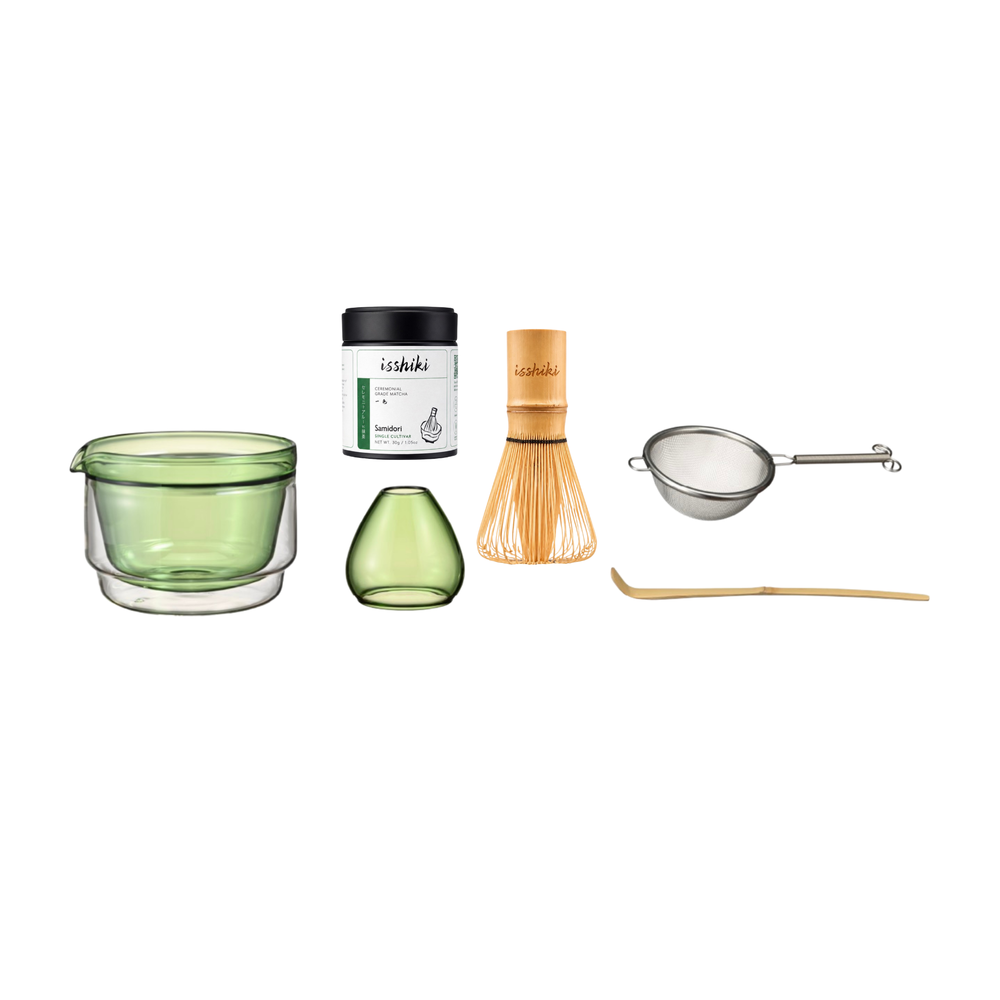 Isshiki x Hario Samidori matcha set contents laid out together