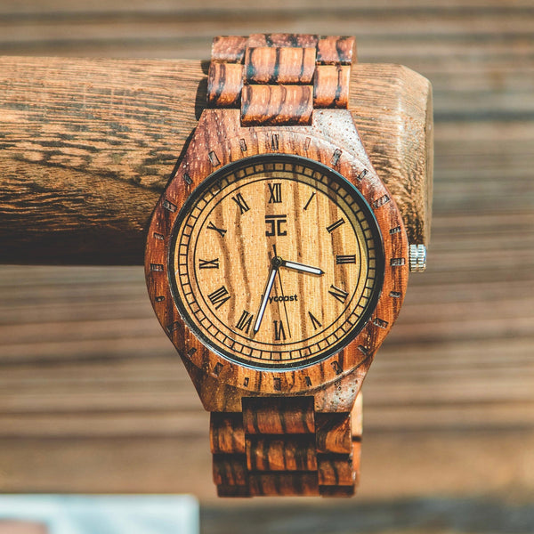 Joycoast Zebra Max zebrawood watch lifestyle shot showing bold dark stripe pattern on the wrist