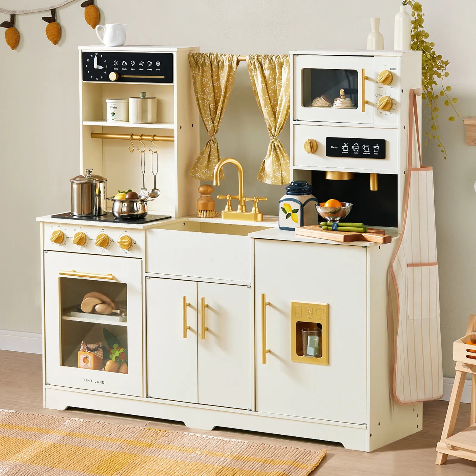 Tiny Land cream wooden play kitchen for kids shown from the front