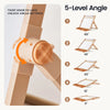 An instructional product graphic showing a beige adjustable stand with a twist knob and five angle settings labeled 0° to 60° for 5-Level Angle. The left side shows a close-up of the twist knob with unlock/lock arrows, and the right side lists the five angle positions with diagrams of the stand at each setting.