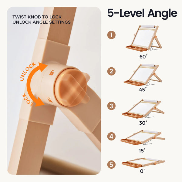 An instructional product graphic showing a beige adjustable stand with a twist knob and five angle settings labeled 0° to 60° for 5-Level Angle. The left side shows a close-up of the twist knob with unlock/lock arrows, and the right side lists the five angle positions with diagrams of the stand at each setting.
