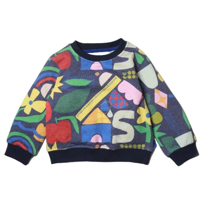 Mon Coeur recycled cotton kids sweatshirt in navy with multicolor all-over pattern, front view
