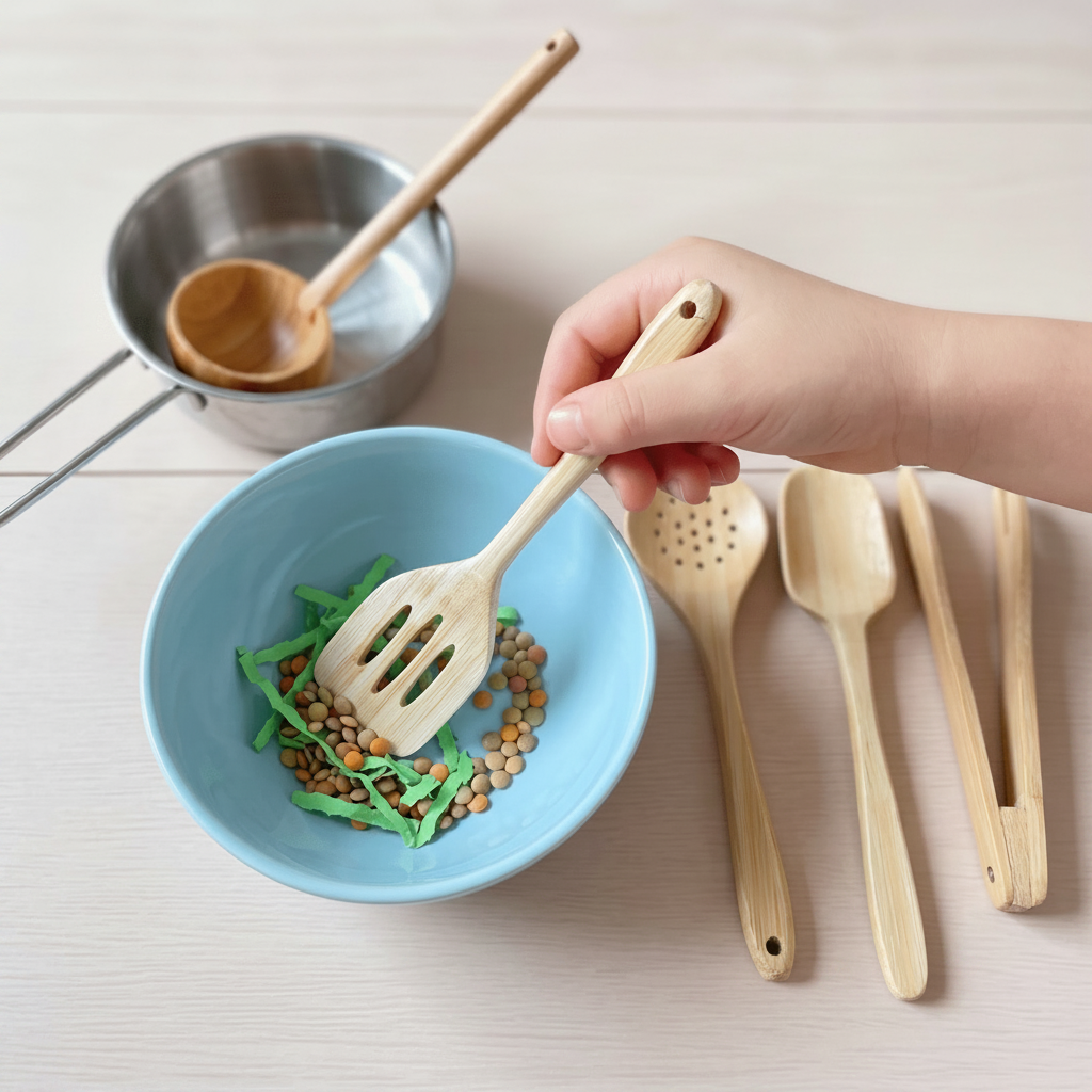Kids Bamboo Cooking Utensil Set shown with individual pieces