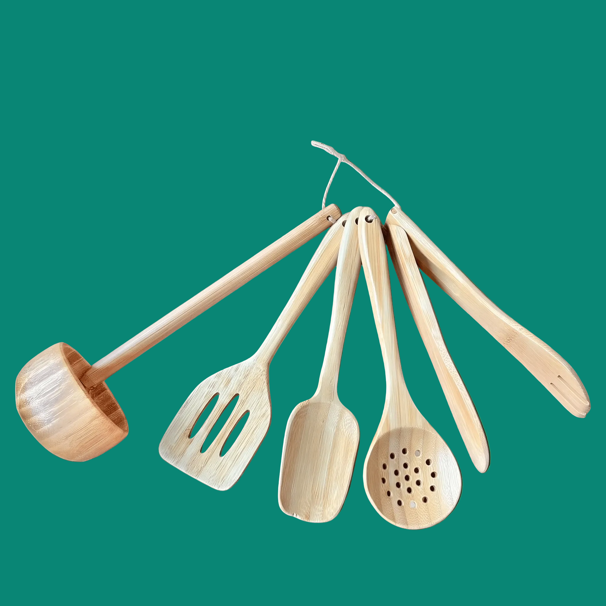 Kids Bamboo Cooking Utensil Set laid out on display