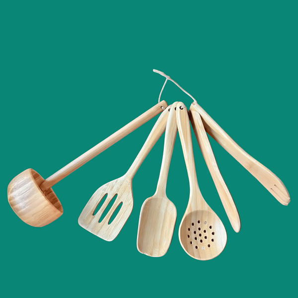 Kids Bamboo Cooking Utensil Set laid out on display