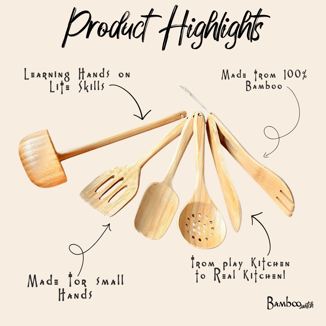 Child-sized bamboo utensils from the Kids Bamboo Cooking Utensil Set