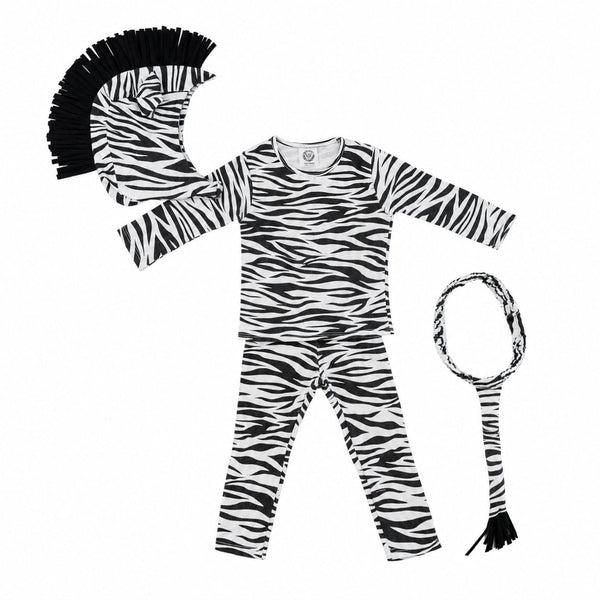 Kids zebra costume set with zebra headpiece, standing mane and striped tail