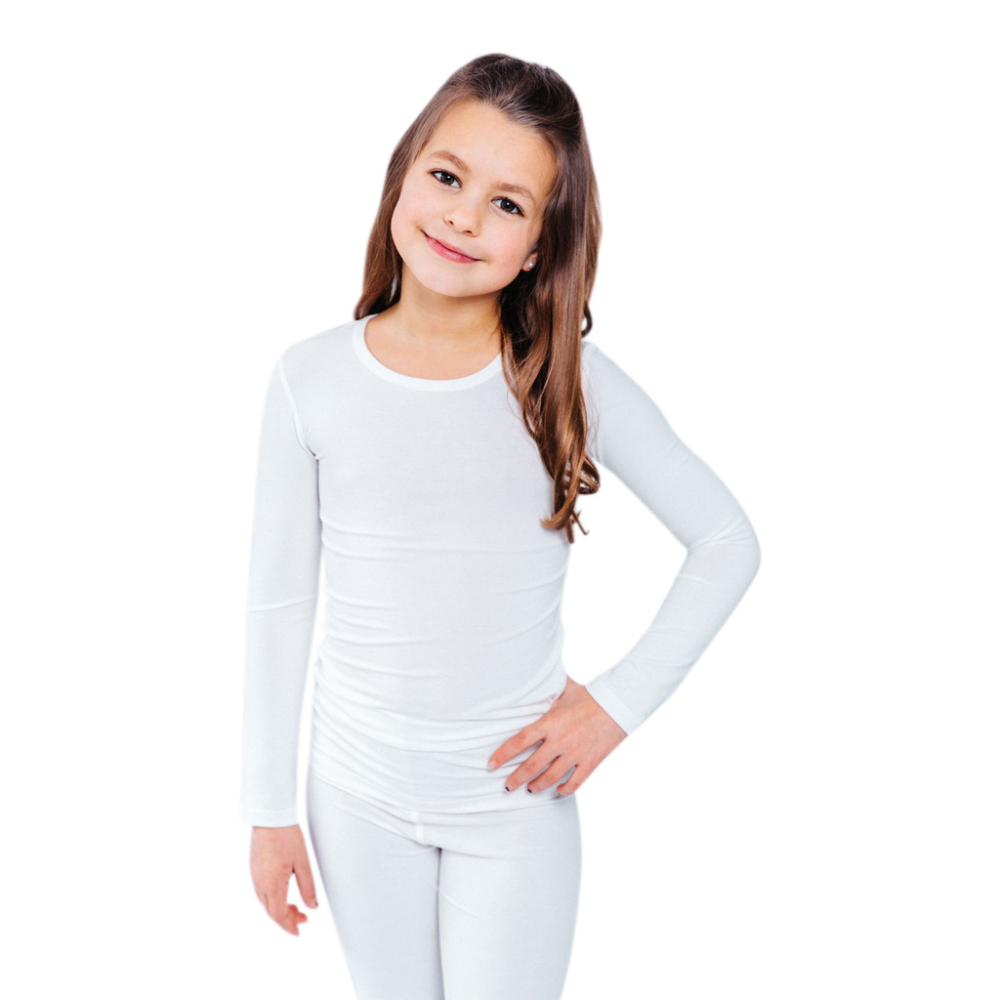 Remedywear kids long sleeve eczema shirt in white — hypoallergenic TENCEL and zinc fabric
